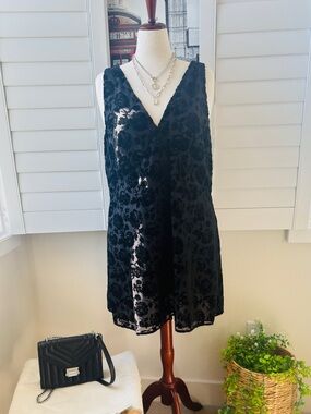 Gap Black Velvet Floral Devoré Mini Dress XXL V-Neck Fit & Flare